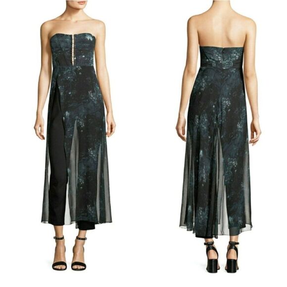 Haute Hippie Pants - Haute Hippie black teal abstract Ginnie sheer silk strapless corset jumpsuit